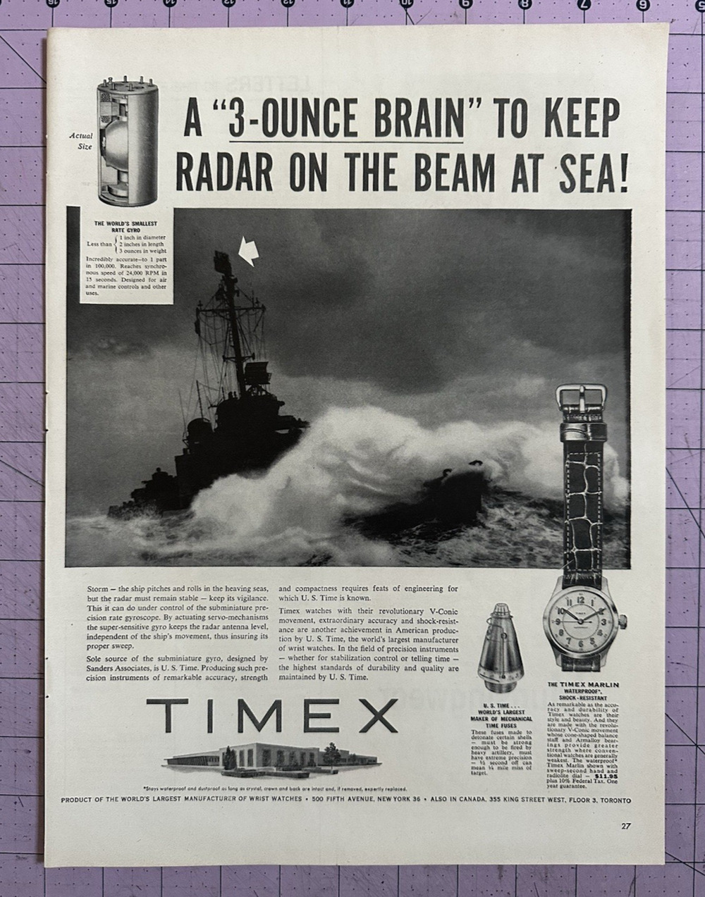 1954 TIMEX "3-OZ BRAIN" TO KEEP RADAR ON THE BEAM TIME FUSES Print Ad